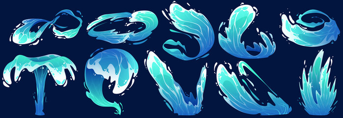 Blue water splashes, sea or ocean waves, swirls, fountain. Vector cartoon set of flowing water streams, tide, falling aqua, and burst effect with splat isolated on background