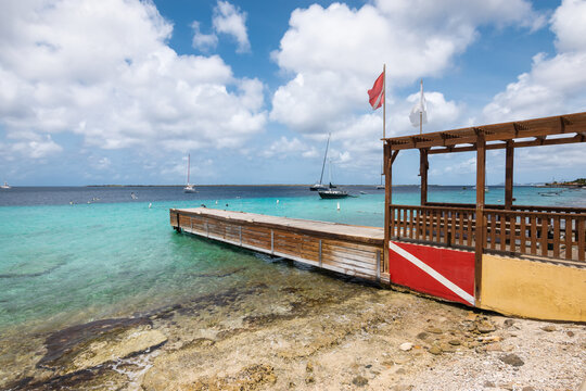 Diver down flag at the pier in Bonaire, Caribbean.