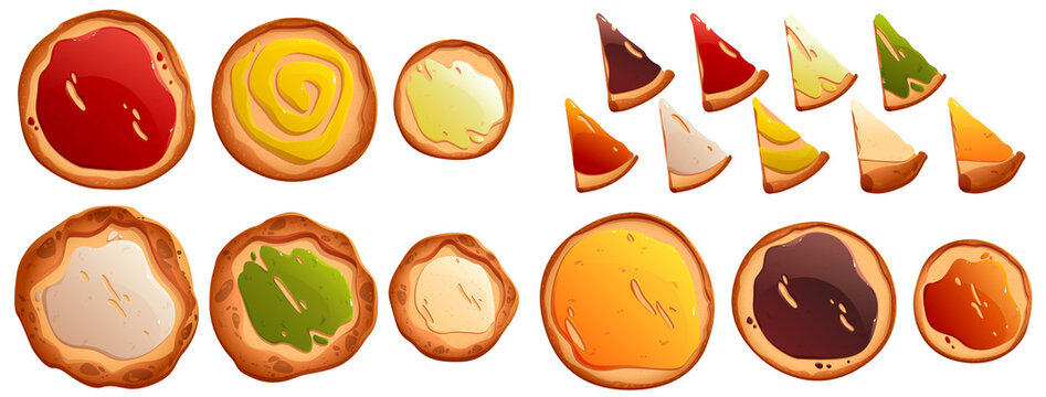 Pizza constructor with base and toppings tomato sauce, mayonnaise, cheese, soy or guacamole. Design elements for game, app or book of recipes, cooking class, cafe, pizzeria menu, Cartoon vector set