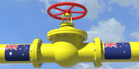 Fototapeta premium AUSTRALIA NEW ZEALAND gas or oil transit concept. Pipe with valve, 3D rendering