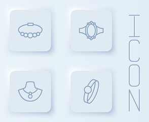 Set line Bracelet jewelry, Diamond engagement ring, Necklace mannequin and . White square button. Vector