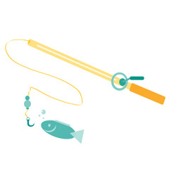 Vector illustration of fishing rod and fish. The fish looks at the hook. Fishing. To fish
