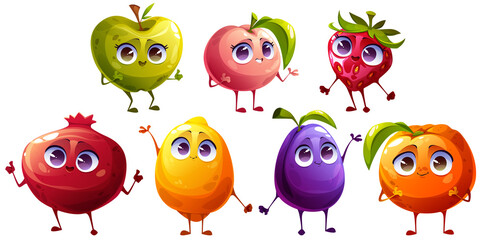 Cute fruit and berries characters smile. Comic funny strawberry, apple, plum, orange, peach, pomegranate and lemon. Vector cartoon set of happy healthy food emoji isolated on white background