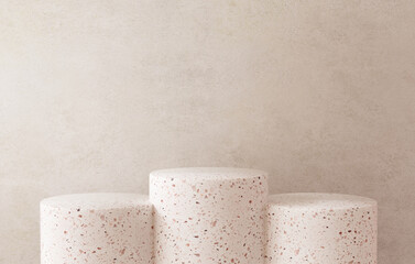 Three terrazzo podium platforms on a stone textured wall background for stuff display in realistic 3D render