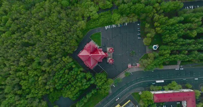 Lala Tulpan white marble mosque in Ufa. Aerial drone view at summer sunny sunset