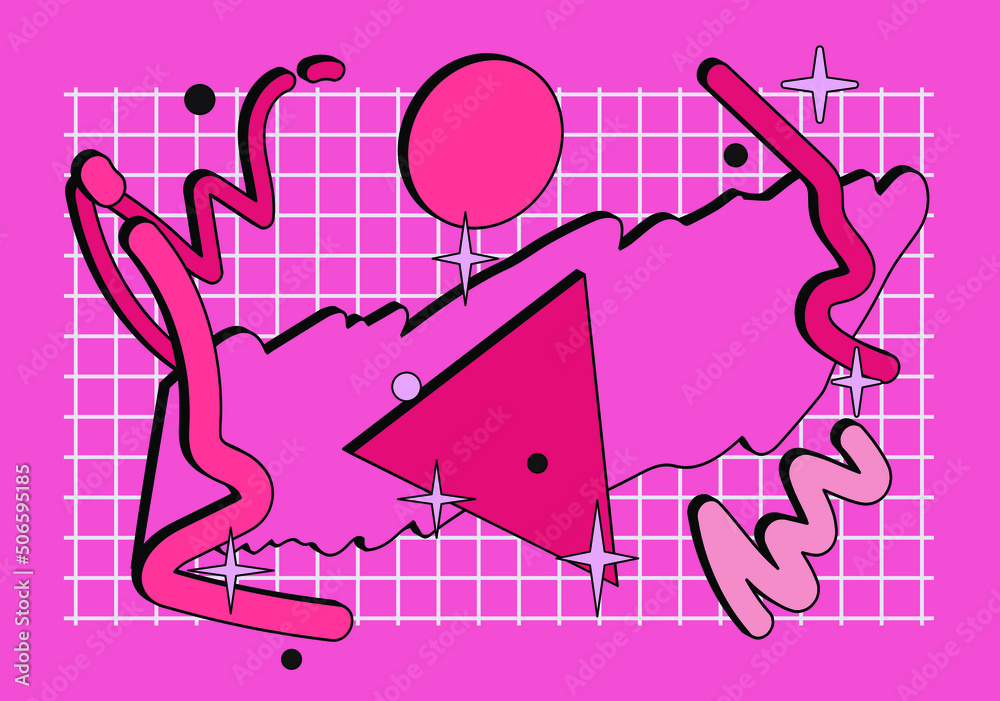 Poster Abstract geometric background in 90's like retrowave style. Composition of colorful shapes.
