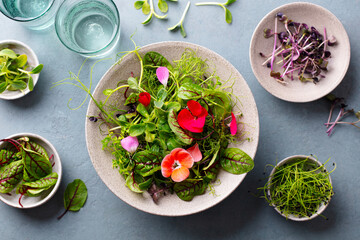 Green salad leaves, sprouts with edible flowers in bowl. Grey background. Top view.