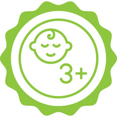 3+ baby friendly green stamp outline badge icon label isolated vector on transparent background