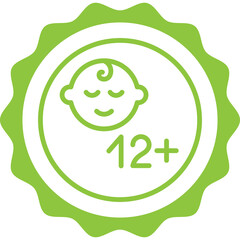 12+ baby friendly green stamp outline badge icon label isolated vector on transparent background