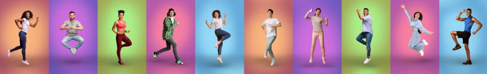Fototapeta na wymiar Active millennial men and women posing on colorful backgrounds, collage