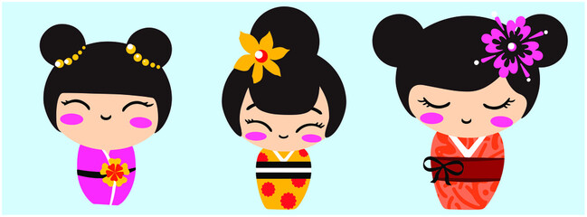 Chibi vector. Vector set of flat simple characters on blue background Japanese Geisha in different kimono. Kids vector