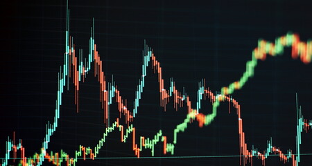 Technical price graph and indicator, red and green candlestick chart on blue theme screen, market...