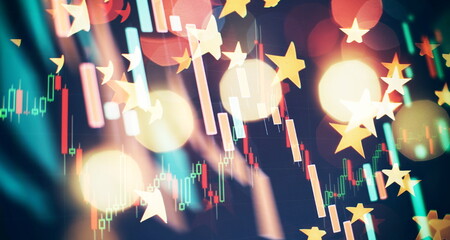 Technical price graph and indicator, red and green candlestick chart on blue theme screen, market...