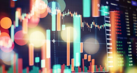 Technical price graph and indicator, red and green candlestick chart on blue theme screen, market...