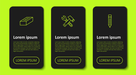 Set line Brick, Hammer and wrench spanner and Pencil with eraser. Business infographic template. Vector