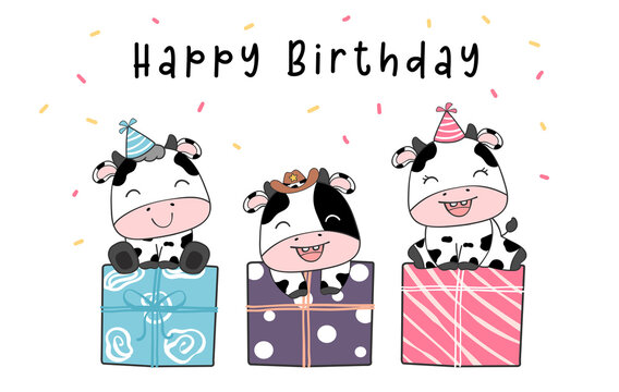 group of diversity three cute baby cow calf on present boxes, Happy birthday,adorable farm animal cartoon character nursery drawing illustration