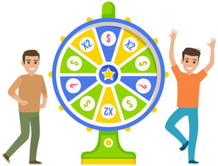 Fortune wheel, game money, winner play luck. Win, jackpot, victory in game. Spinning wheel of fortune to win prize, money, success. Young male characters dancing and celebrating victory, jackpot
