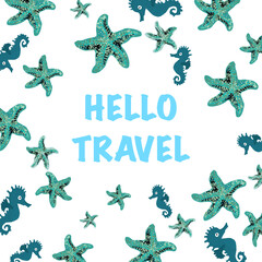 Starfish and beautiful seahorses, background for travel advertising, lettering, text, banner