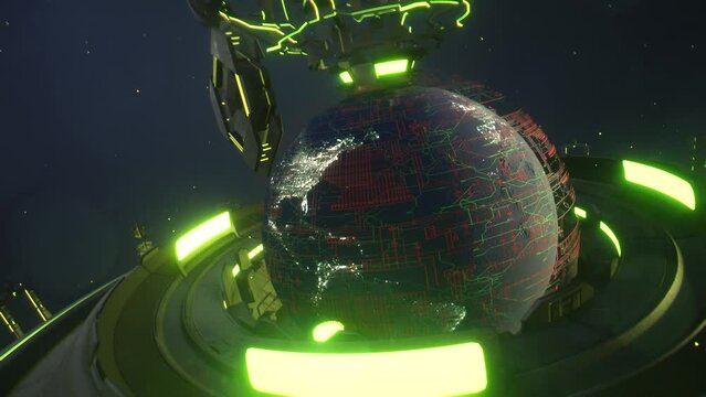 Animazione 3D di pianeta Terra con luci accese e sfera cyber 6