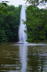 Picturesque landscape view of pond with Snake Fountain. Tree leaves border. Natural frame. Arboretum Sofiyivsky Park in Uman at sunny day, Ukraine