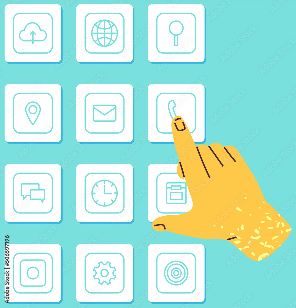 Wall mural arrangement of applications on display. smartphone home screen interface with program icons. person 