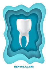 Dental clinic poster vector illustration. Advertising of hospital for teeth treatment. Medical services for installation of dental implant. Human gum with healthy teeth and denture on dentistry banner