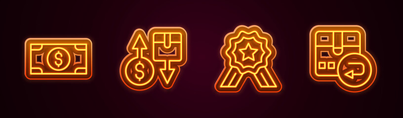 Set line Stacks paper money cash, Tax cardboard box, Stars rating and Return. Glowing neon icon. Vector