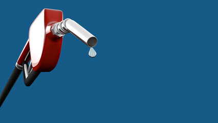 3D Illustration of Shiny Red Gas Pump with Drop of Fuel Isolated on Blue Background