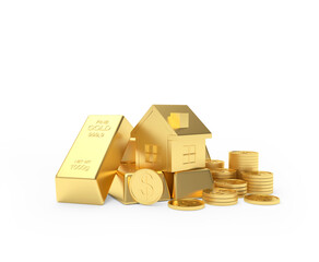 Golden house figurine on a pile of gold bars and coins. 3D illustration