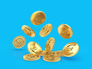 Golden euro coins are falling down on a blue background. 3D illustration
