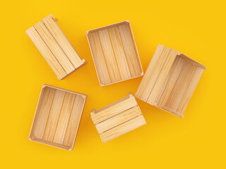 Empty wooden boxes on a yellow background. 3D illustration