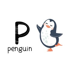 Children's font. Letter P. Cute cartoon penguin.