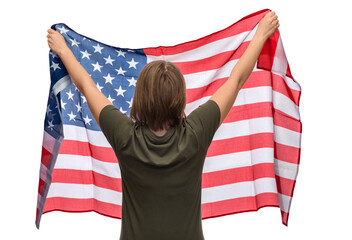 independence day, patriotic and human rights concept - woman with flag of united states of america protesting on demonstration over white background