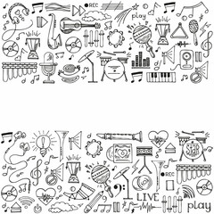 Abstract background music, with tape recorder, silhouette in circle shape. Vector doodle set musical instruments. hand drawn illustration