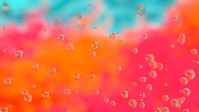 Many soapbubbles fly up on bright colorful vivid background 4K 3D animation. Summer or childhood mood concept