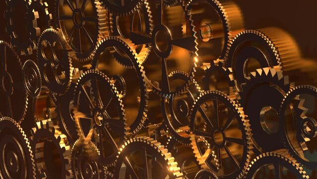 Many golden gears rotate as concept of any mechanism or progress. Technical 3d background 4k seamless loop. Concept of innovation