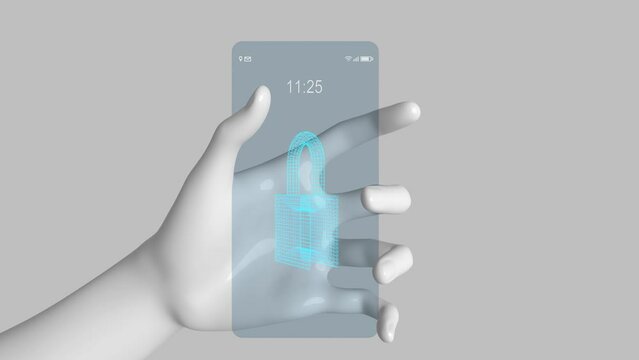 White plastic robotic hand holds a futuristic transparent smartphone with a sign of a lock 3d 4k animation. Concept of cyber security and captcha