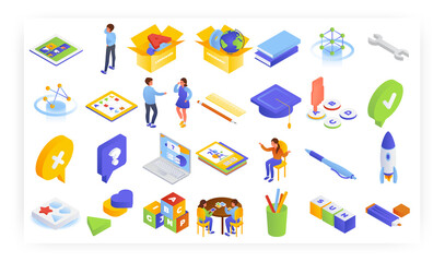 Online kids learning games, vector isometric icon set. Trivia quiz, word search puzzles, assembling pictures of animals.