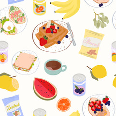 Summer seamless pattern with season food, summer picnic. Editable vector illustration
