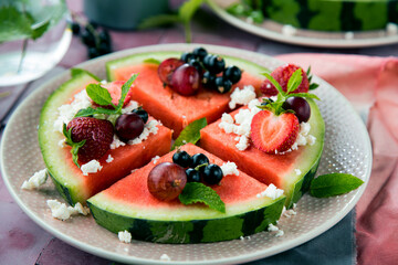 Fresh watermelon pizza salad with feta cheese
