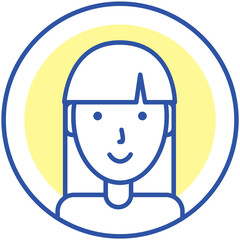 Avatar profile icon, female portrait. Round label with head symbol of woman. Graphical representation of user, his alter ego, game internet character in web forums, messengers, chats, portals, blogs