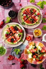 Fresh watermelon pizza salad with feta cheese