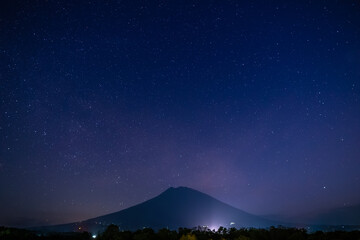 Silhouette of a mountain under milky way in the night sky
