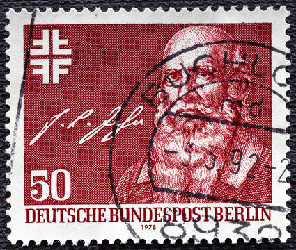 GERMANY, Berlin - CIRCA 1978: A stamp printed in Germany shows Portrait of Friedrich Ludwig Jahn 1778-1852 , founder of organized gymnastics, 1978