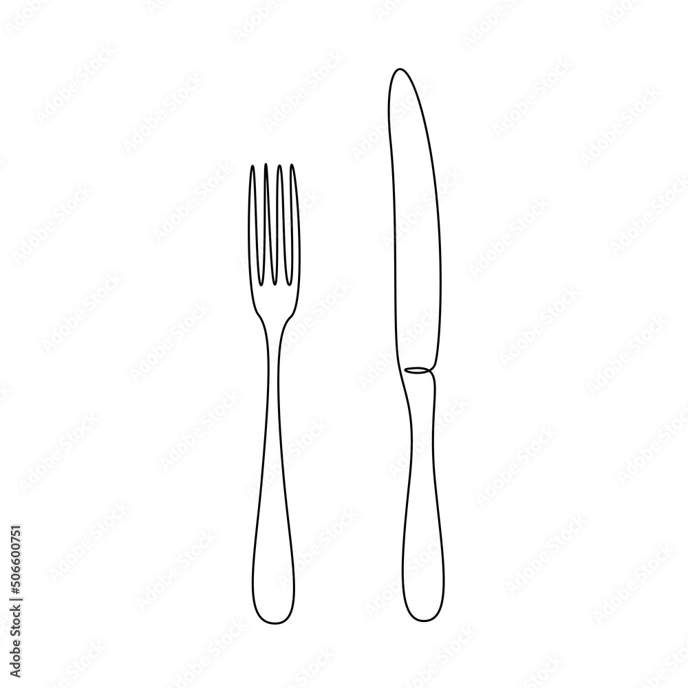 Poster one continuous line drawing of food tools. fork and knife for decoration restoran menu in simple lin