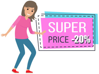 Sale banner with woman dancing near advertising poster. Shopping time promotional style. Lady rejoices in discounts and exclusive offer in store. Female character in dance to sale advertisement