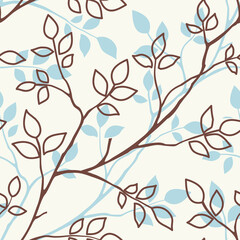 Fototapeta na wymiar Abstract seamless pattern with decorative leaf silhouette. Brown and blue twigs on yellow background. Vector stock illustration 