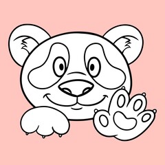 Monochrome illustration, coloring book. Cute little panda smiles, cute fluffy pandas in cartoon style, vector