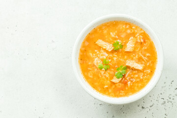 Kharcho, traditional Georgian soup. Top view, flat lay, copy space.