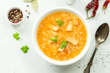 Kharcho, beef soup. Top view, flat lay, copy space.